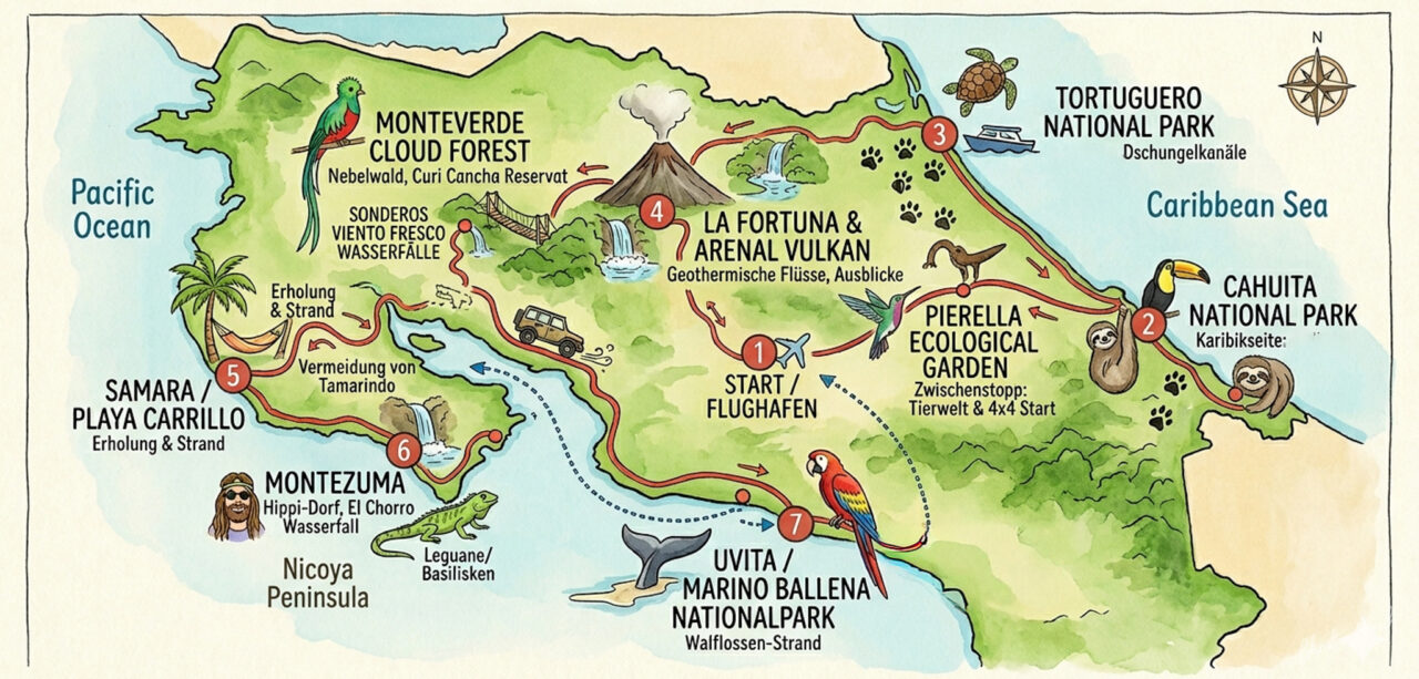 Die Reiseroute unserer einmonatigen Rundreise durch Costa Rica